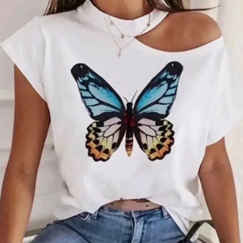 Butterfly Woman’s Blouse Colorful Comfortable Cut Out Shoulder Vacation